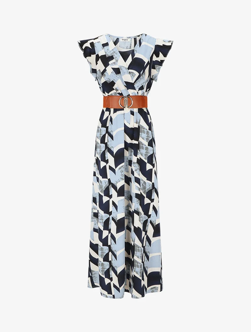 Robe imprimé graphique à manches courtes volantées - Bleu