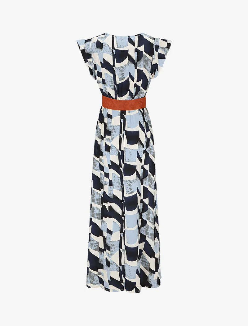 Robe imprimé graphique à manches courtes volantées - Bleu