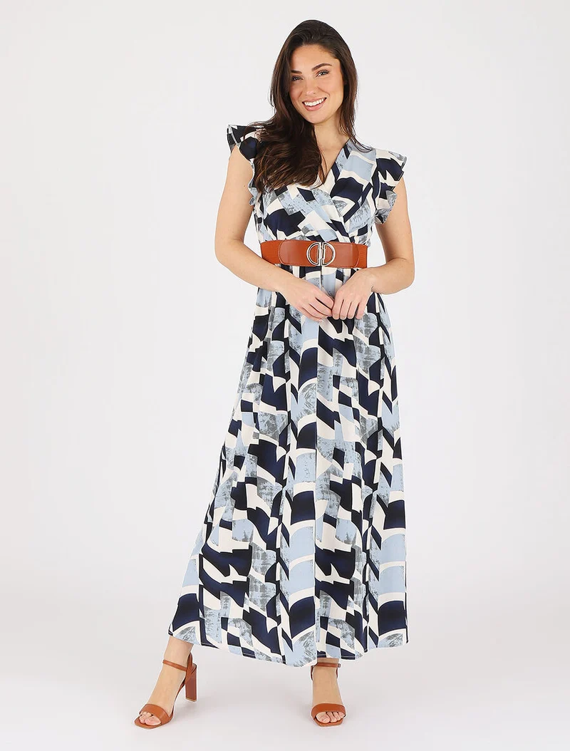 Robe imprimé graphique à manches courtes volantées - Bleu