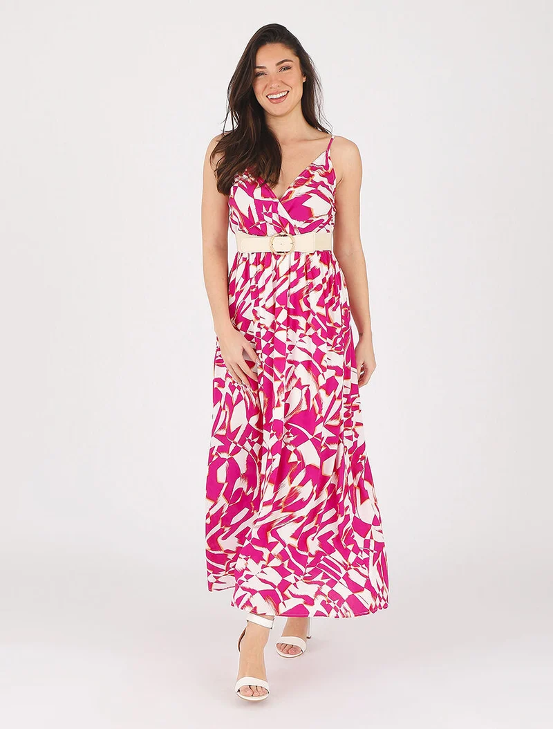 Robe imprimé graphique à fines bretelles - Fushia