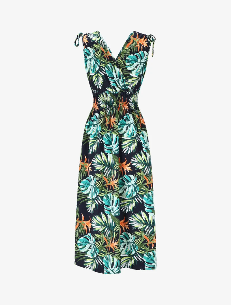 Robe longue élastiquée imprimé tropical - Vert