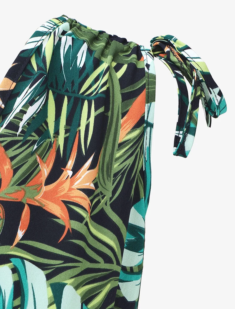 Robe longue élastiquée imprimé tropical - Vert