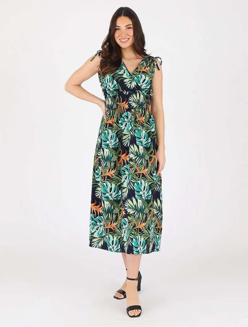 Robe longue élastiquée imprimé tropical - Vert