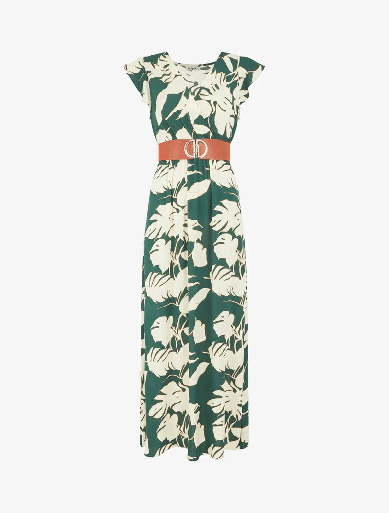 Robe fleurie à manches courtes volantées - Vert