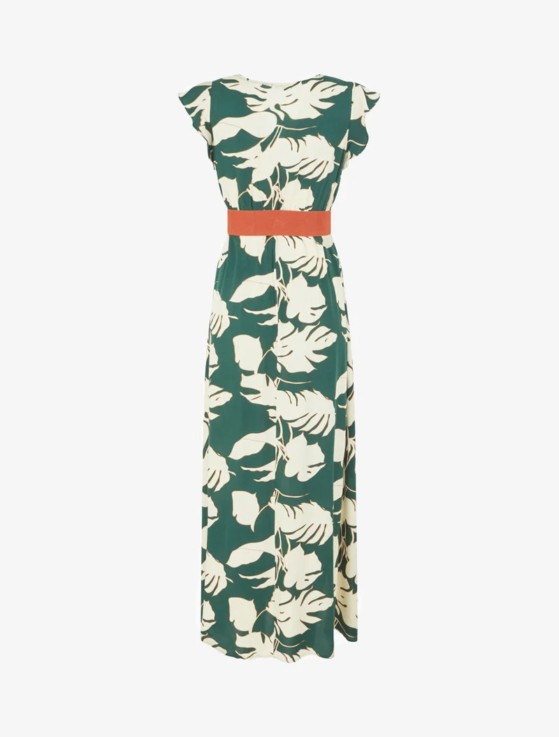 Robe fleurie à manches courtes volantées - Vert