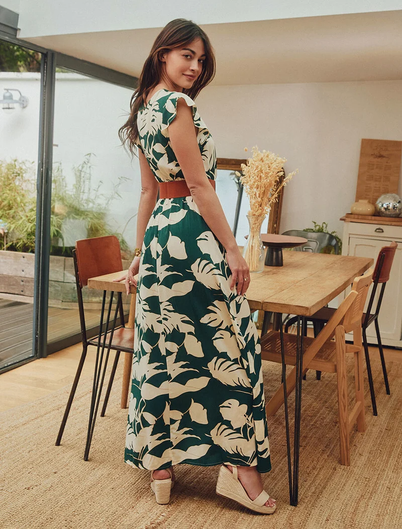 Robe fleurie à manches courtes volantées - Vert