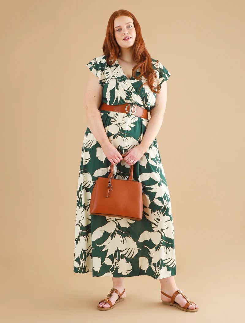 Robe fleurie à manches courtes volantées - Vert
