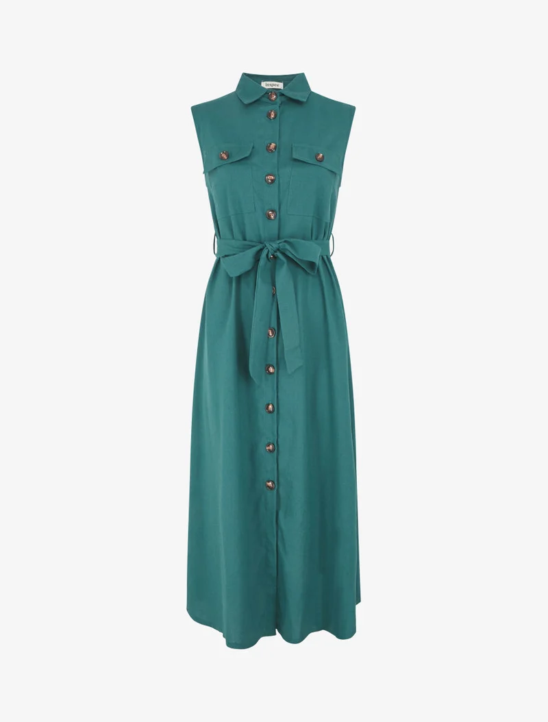Robe évasée boutonnée à poches - Bleu canard