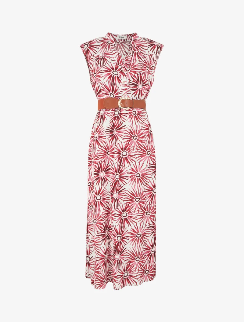 Robe évasée à boutons imprimé fleuri - Rouge