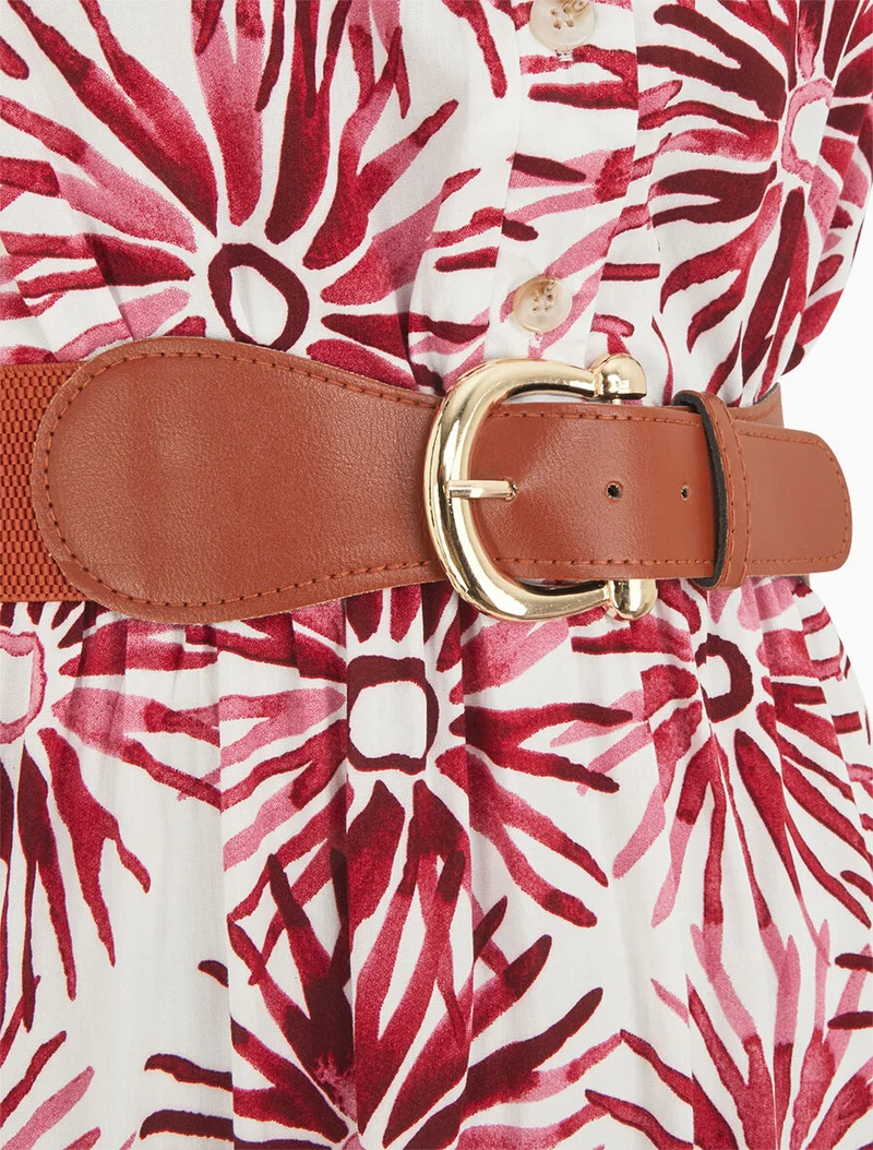 Robe évasée à boutons imprimé fleuri - Rouge