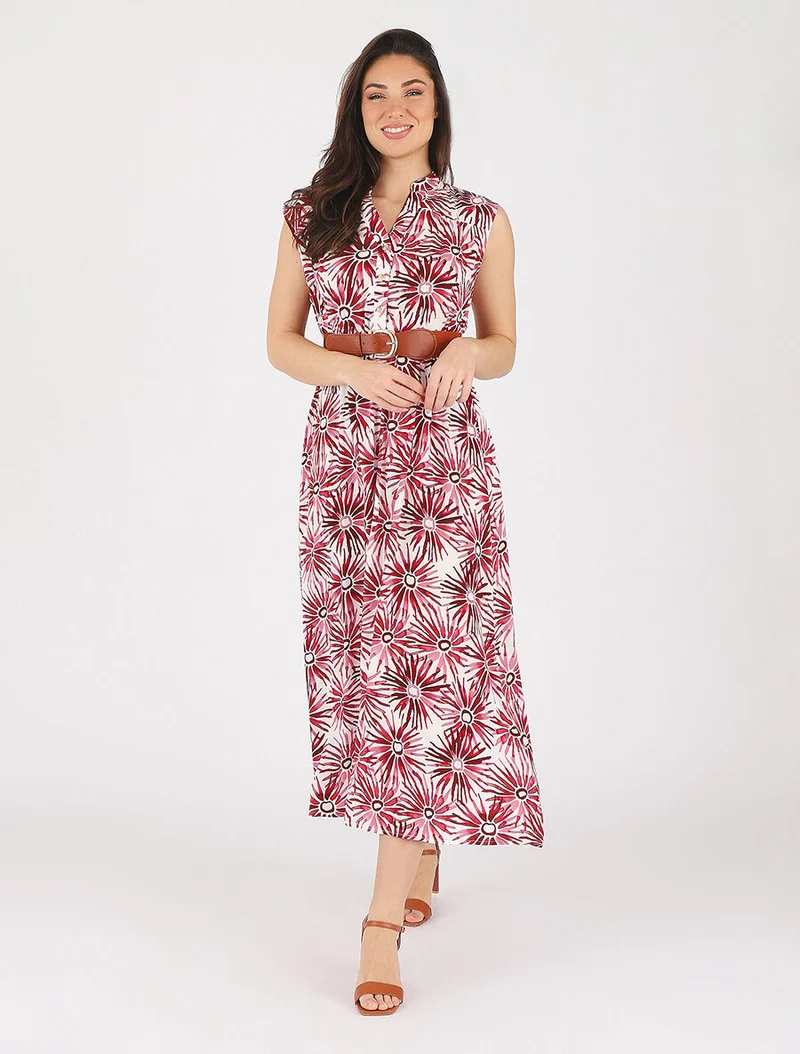 Robe évasée à boutons imprimé fleuri - Rouge