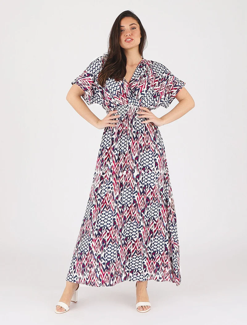 Robe longue manches courtes imprimé graphique - Marine