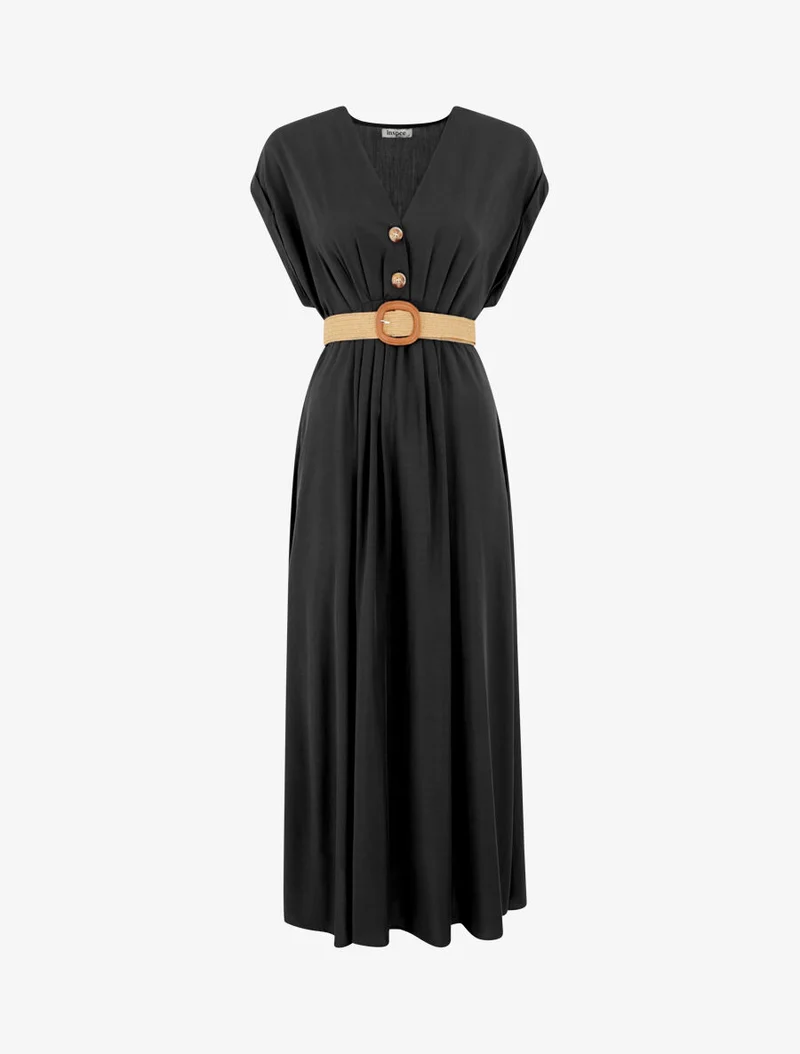 Robe longue unie élastiquée - Noir
