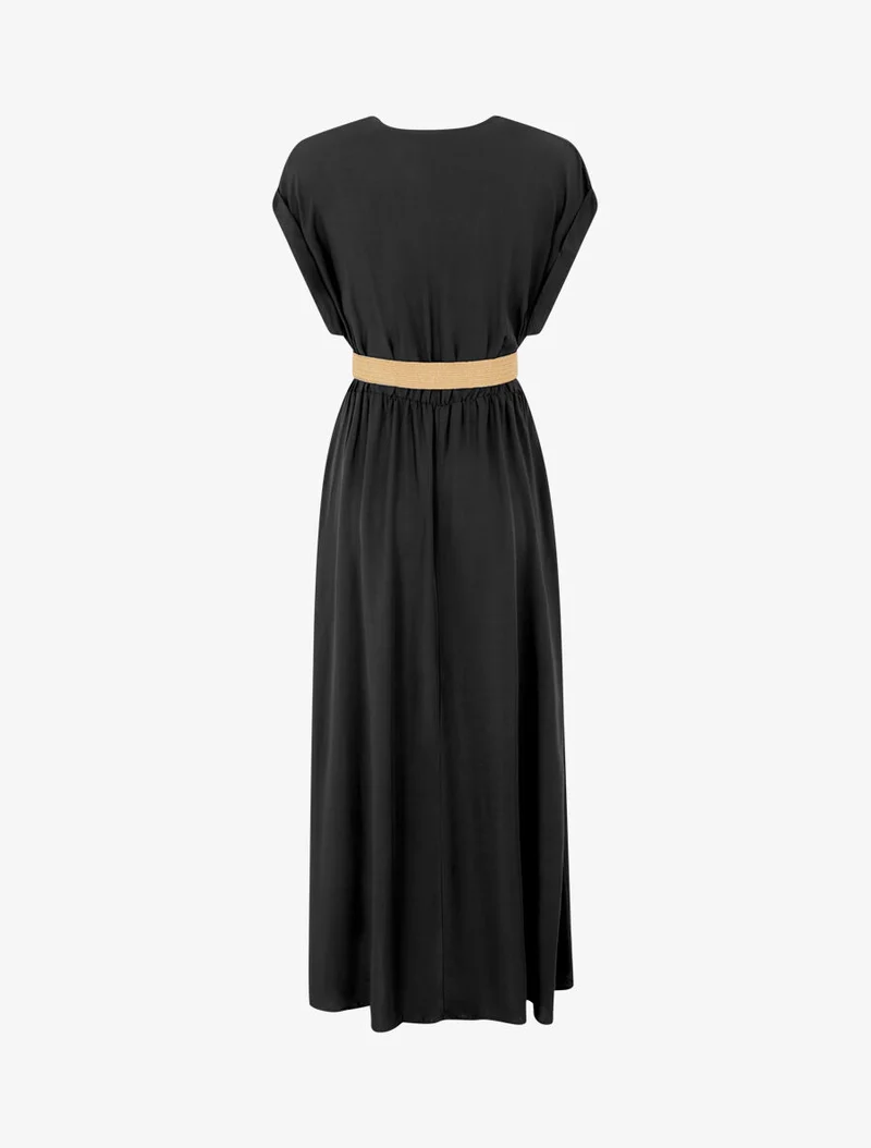Robe longue unie élastiquée - Noir