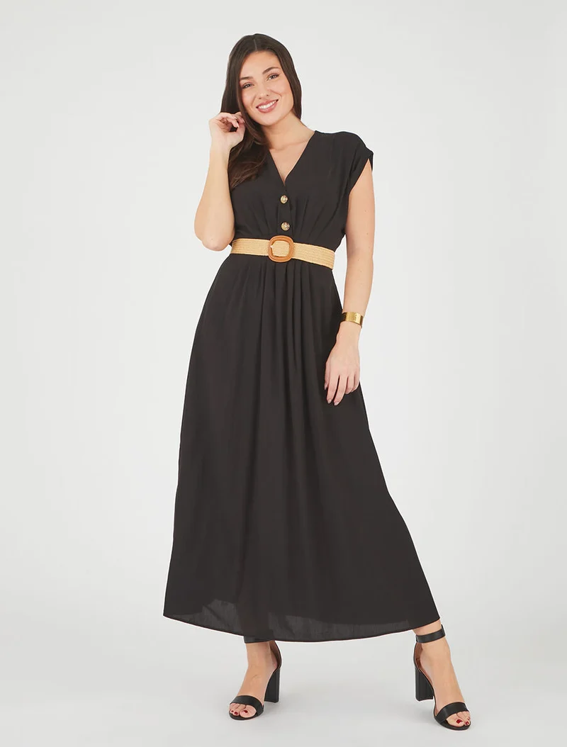Robe longue unie élastiquée - Noir