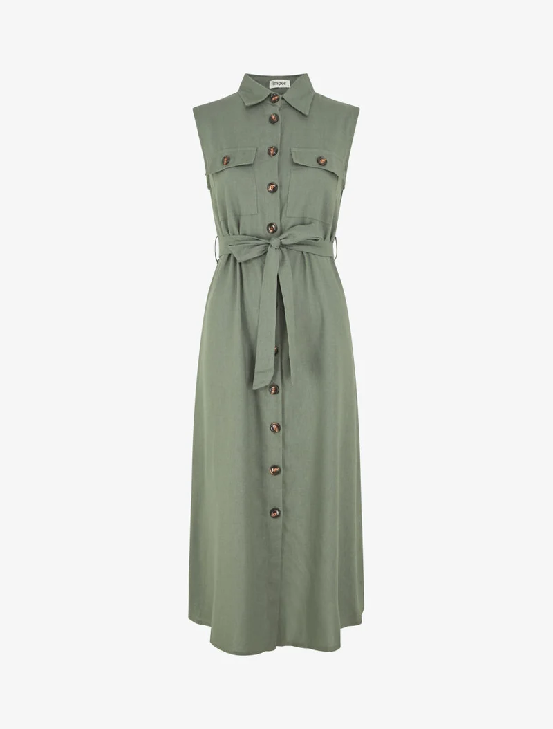 Robe évasée boutonnée à poches - Kaki