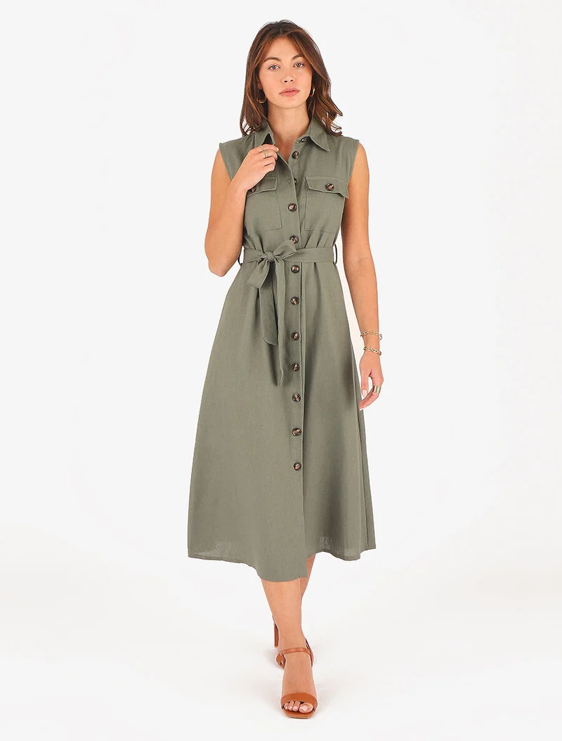 Robe évasée boutonnée à poches - Kaki
