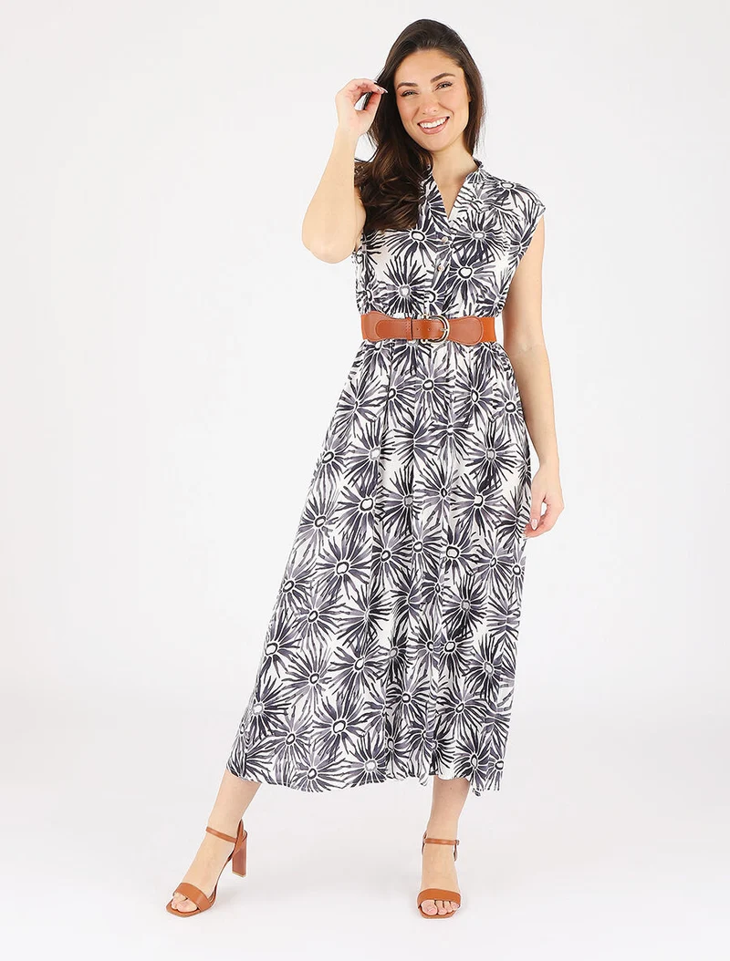 Robe évasée à boutons imprimé fleuri - Noir