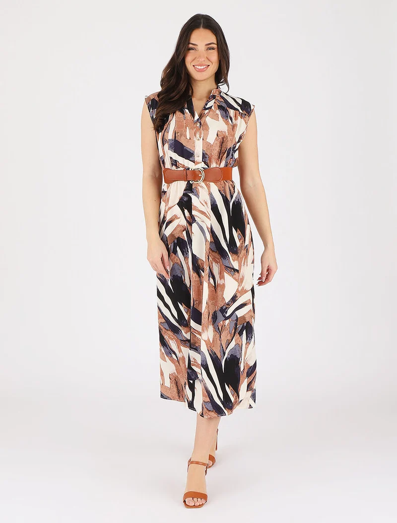 Robe évasée à boutons imprimé abstrait - Marine