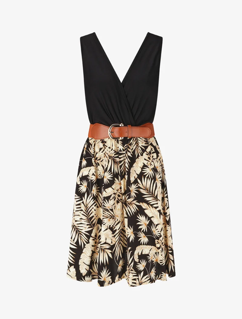 Robe mi-longue évasée imprimé tropical - Noir