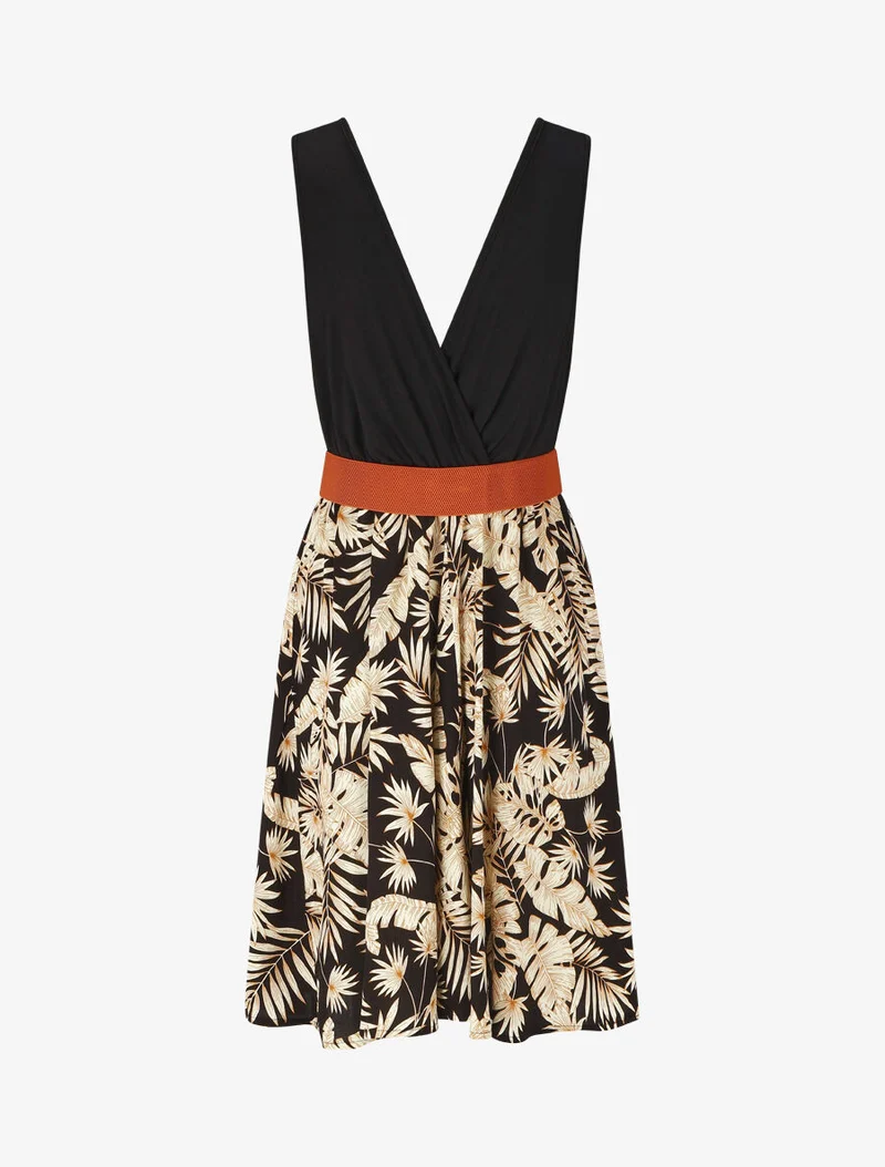 Robe mi-longue évasée imprimé tropical - Noir