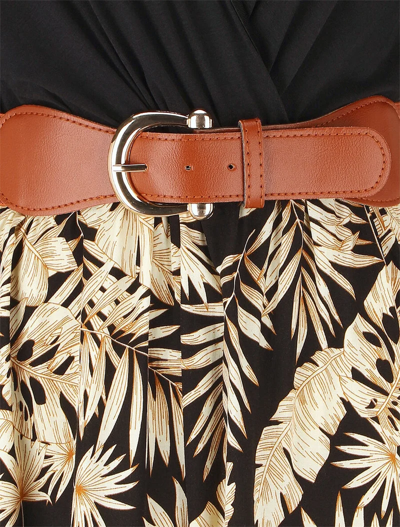 Robe mi-longue évasée imprimé tropical - Noir