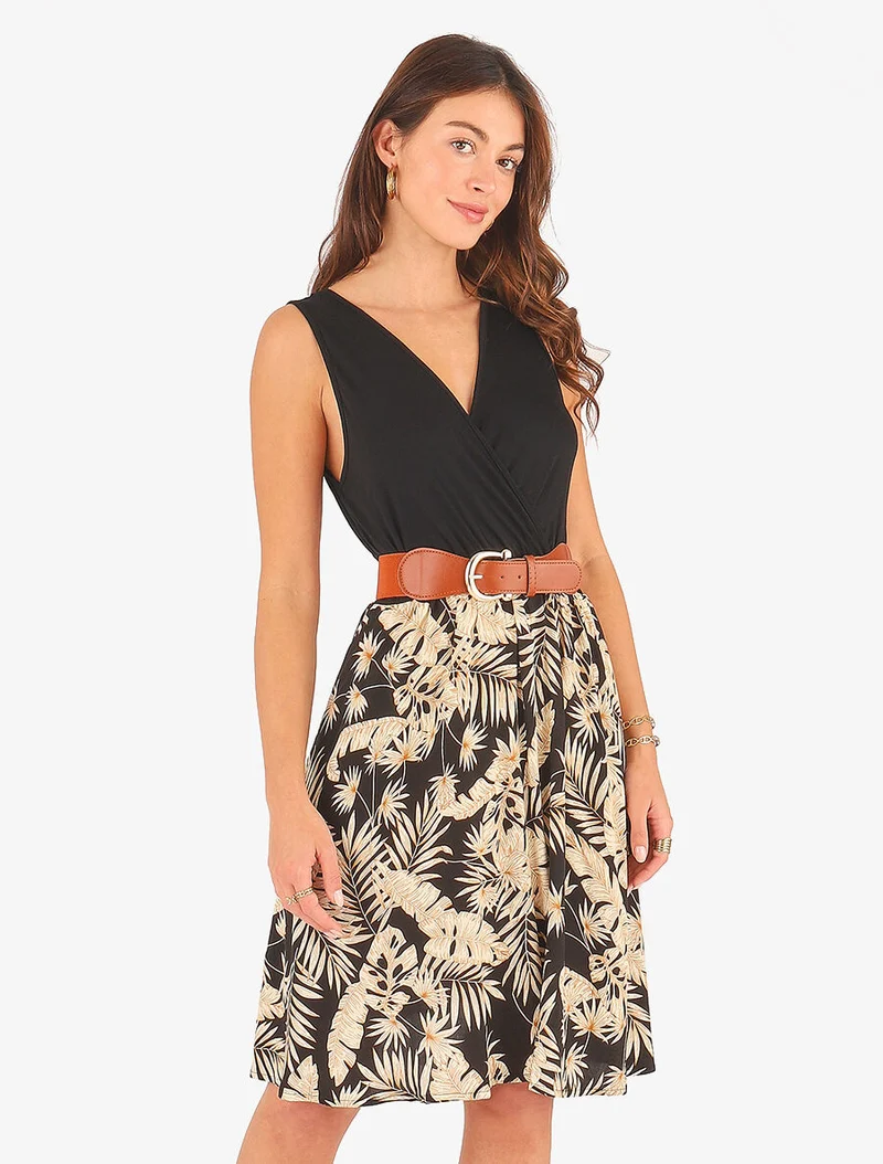 Robe mi-longue évasée imprimé tropical - Noir