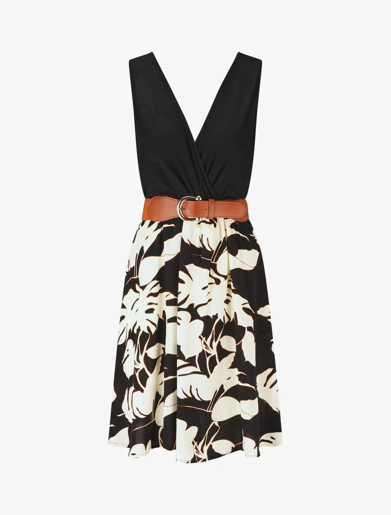 Robe mi-longue sans manches imprimé tropique - Noir