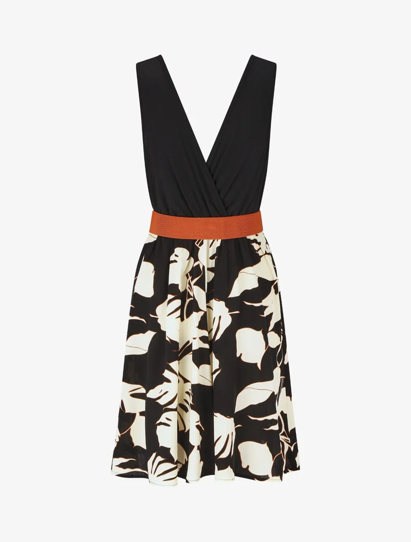 Robe mi-longue sans manches imprimé tropique - Noir