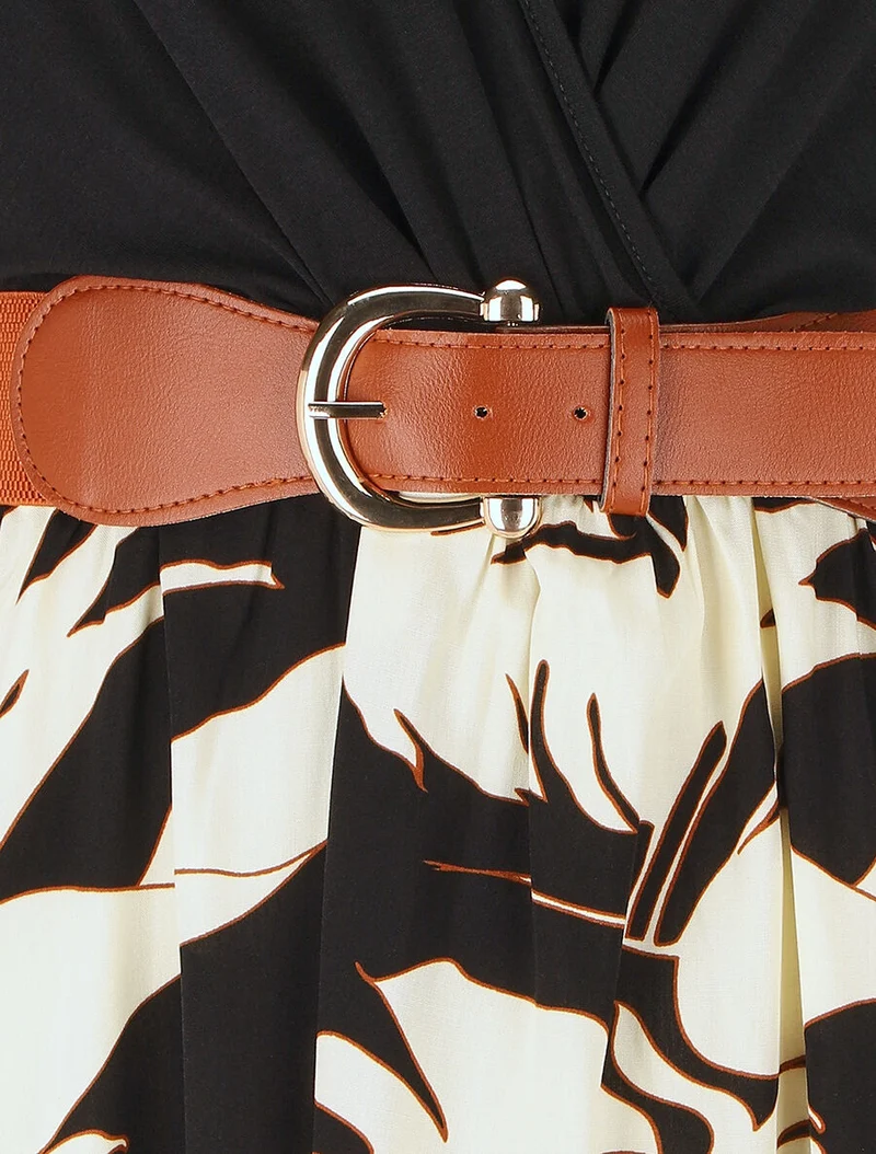 Robe mi-longue sans manches imprimé tropique - Noir
