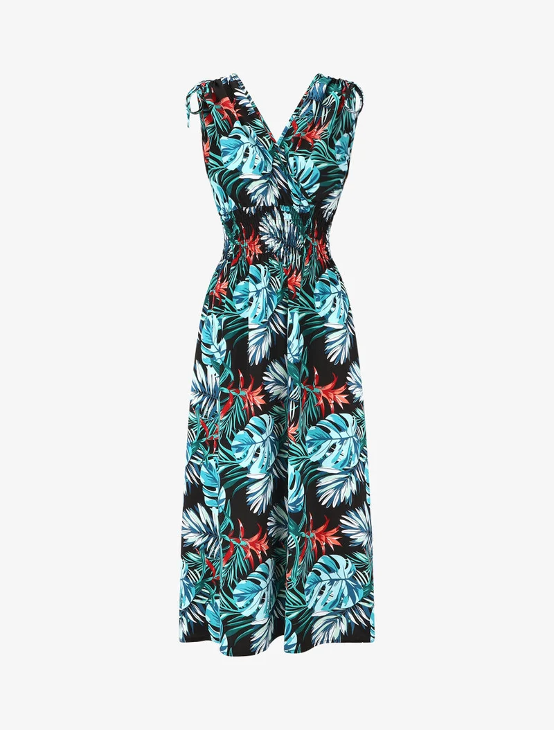 Robe longue élastiquée imprimé tropical - Bleu