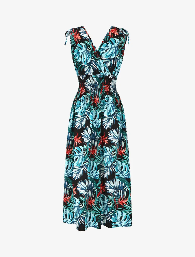Robe longue élastiquée imprimé tropical - Bleu