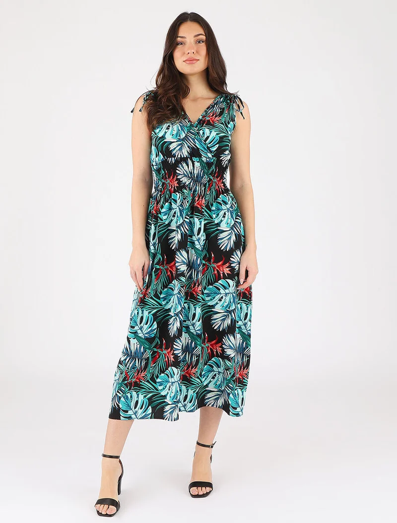 Robe longue élastiquée imprimé tropical - Bleu