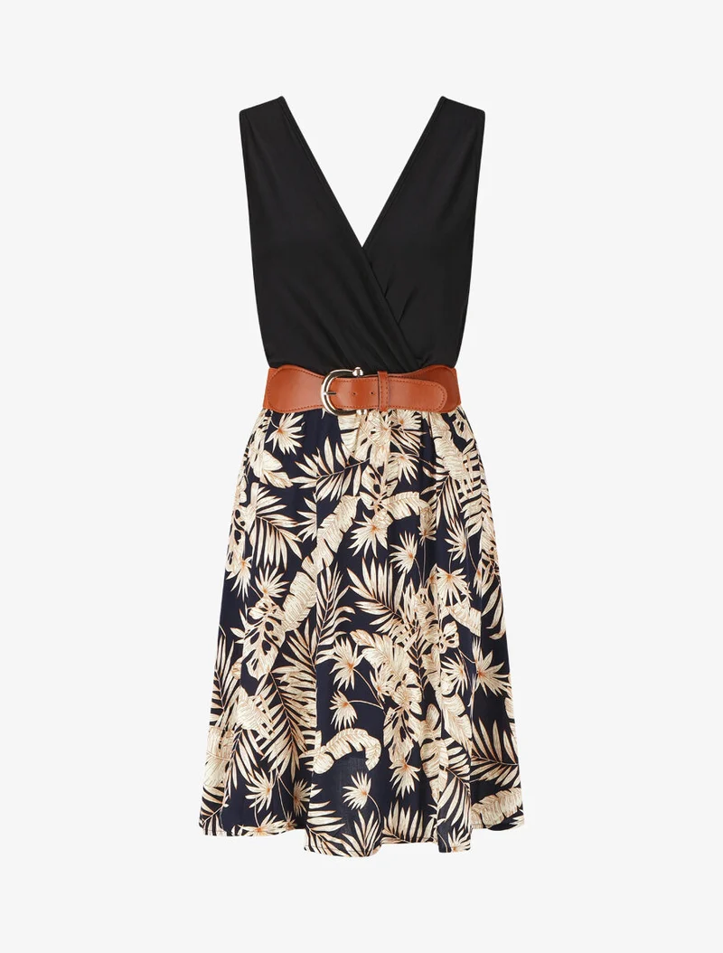 Robe mi-longue évasée imprimé tropical - Marine