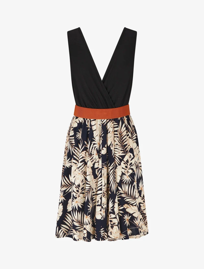 Robe mi-longue évasée imprimé tropical - Marine