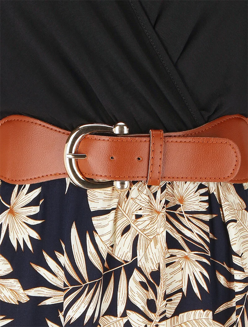 Robe mi-longue évasée imprimé tropical - Marine