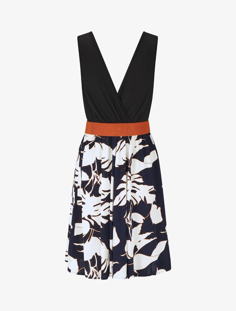 Robe mi-longue sans manches imprimé tropique - Marine