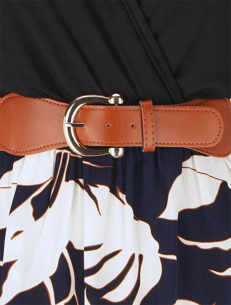 Robe mi-longue sans manches imprimé tropique - Marine