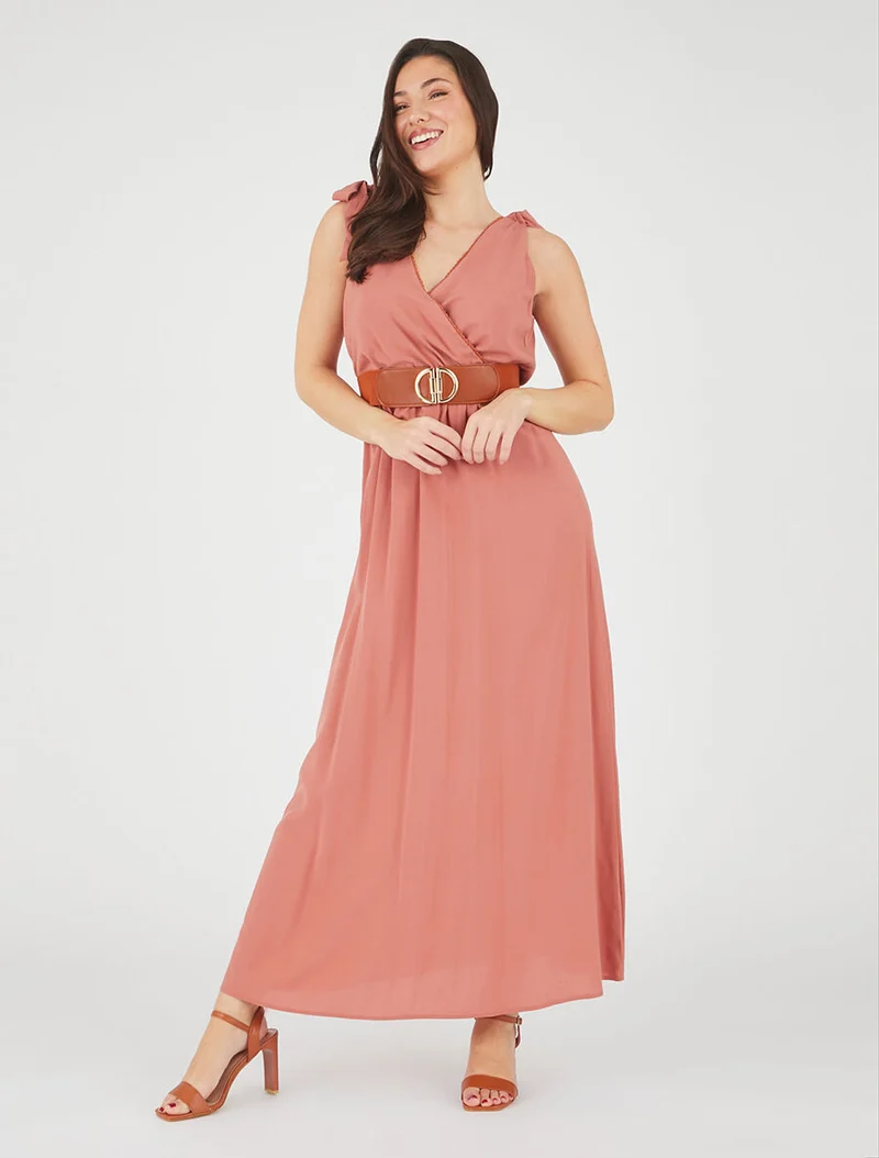 Robe longue à nœuds sur les épaules - Vieux rose