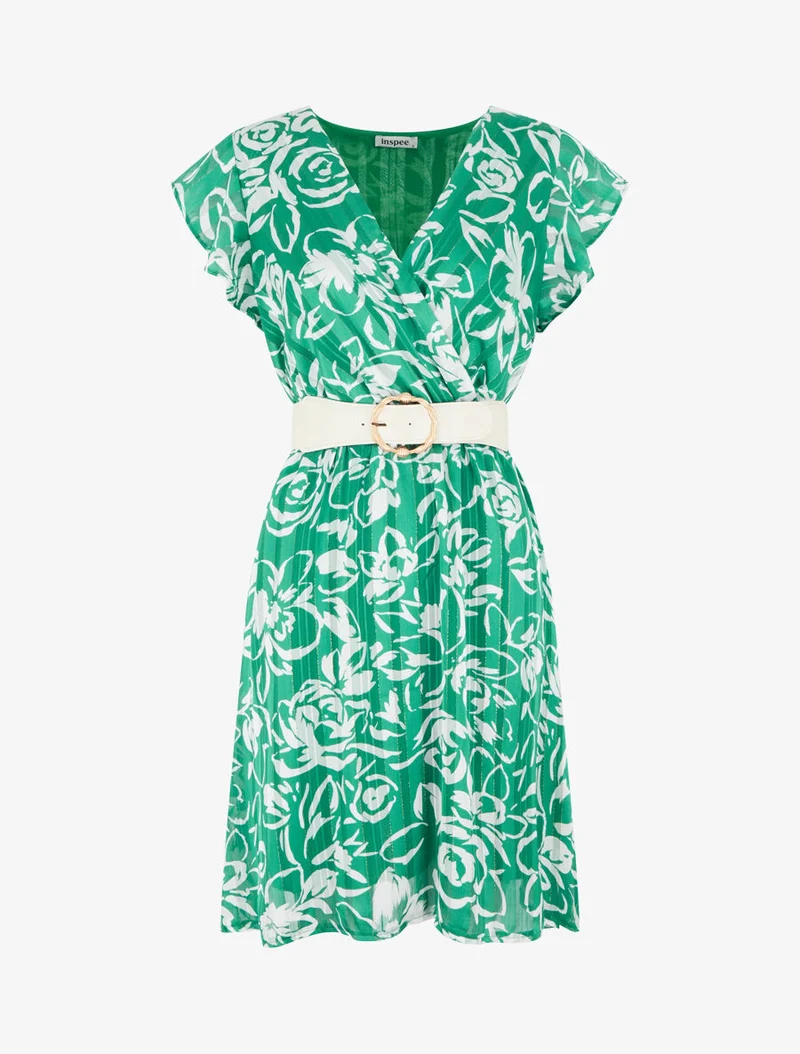 Robe mi-longue imprimé floral irisé - Vert