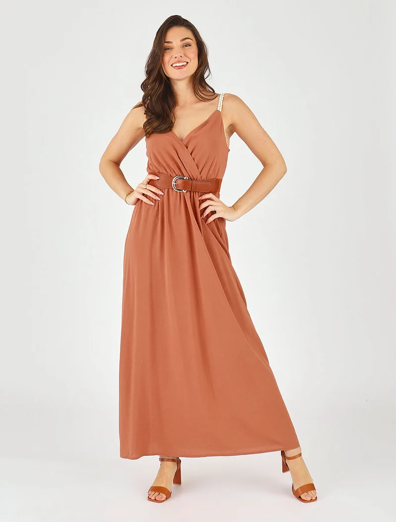 Robe longue unie à bretelles fantaisies - Rouille