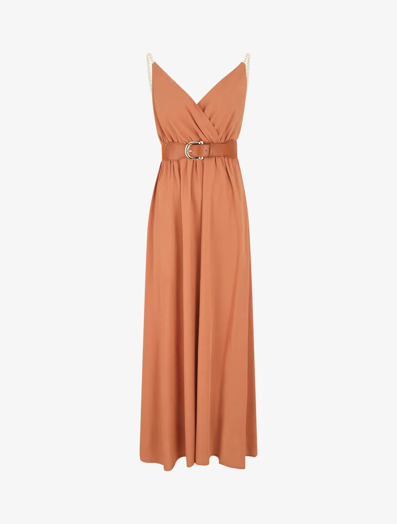 Robe longue unie à bretelles fantaisies - Rouille