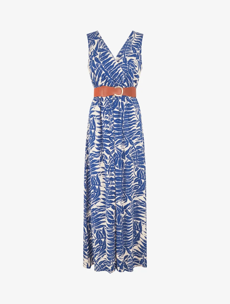 Robe longue évasée imprimé tropical - Bleu