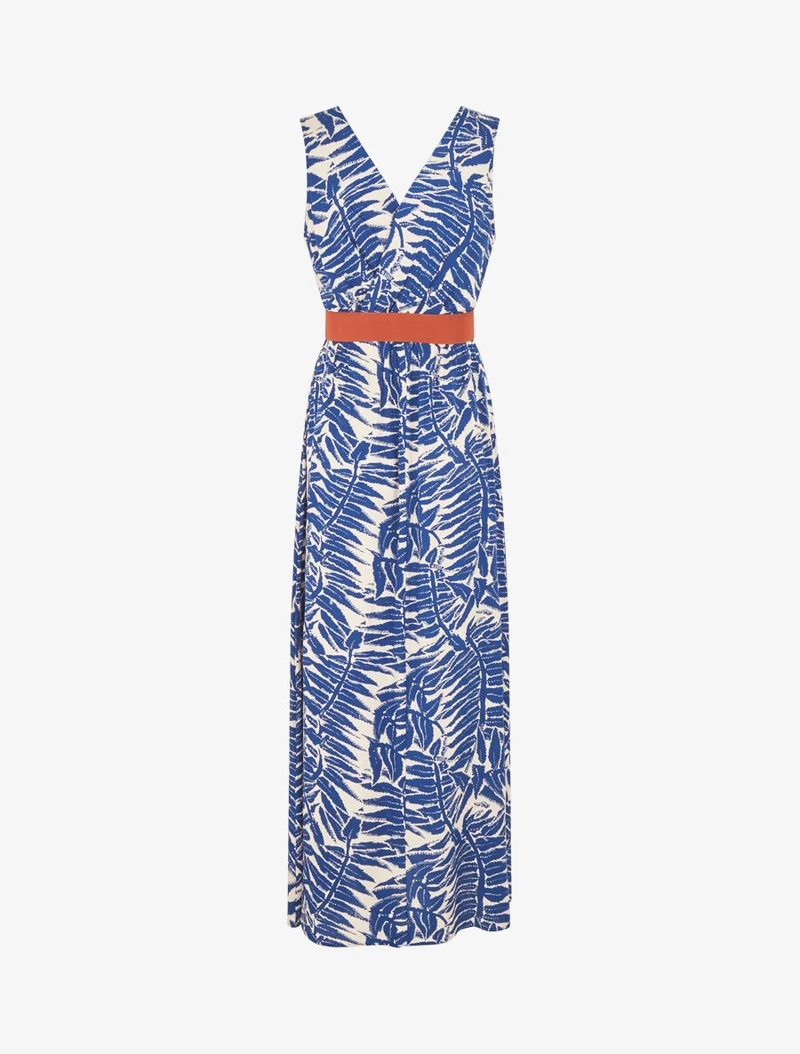 Robe longue évasée imprimé tropical - Bleu