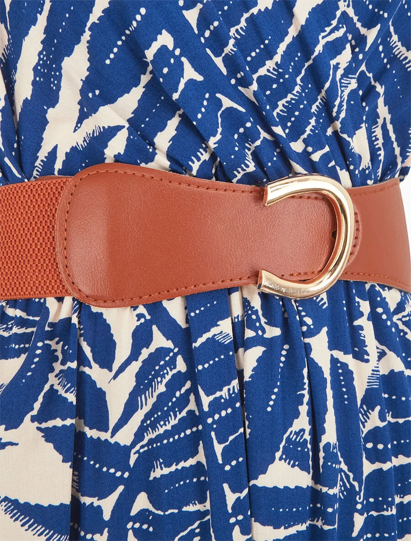 Robe longue évasée imprimé tropical - Bleu