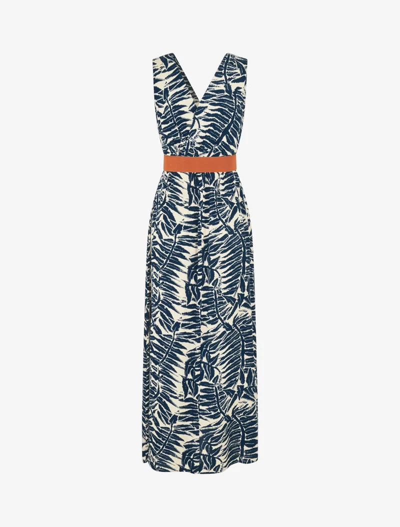 Robe longue évasée imprimé tropical - Marine