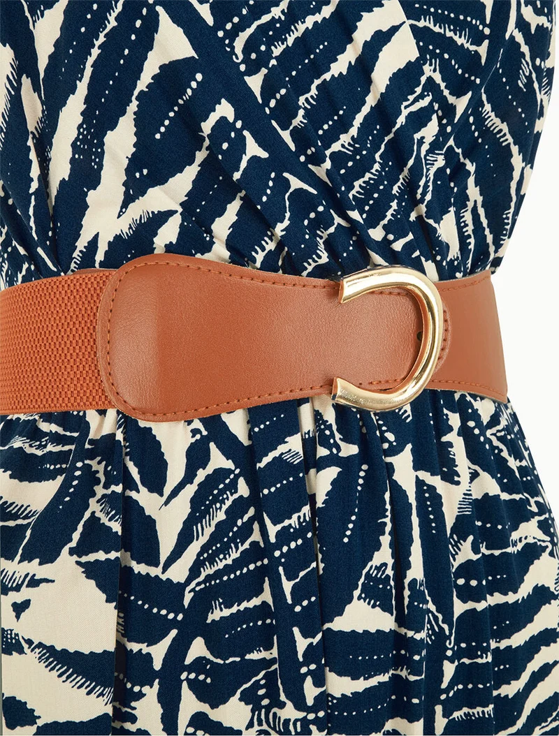 Robe longue évasée imprimé tropical - Marine