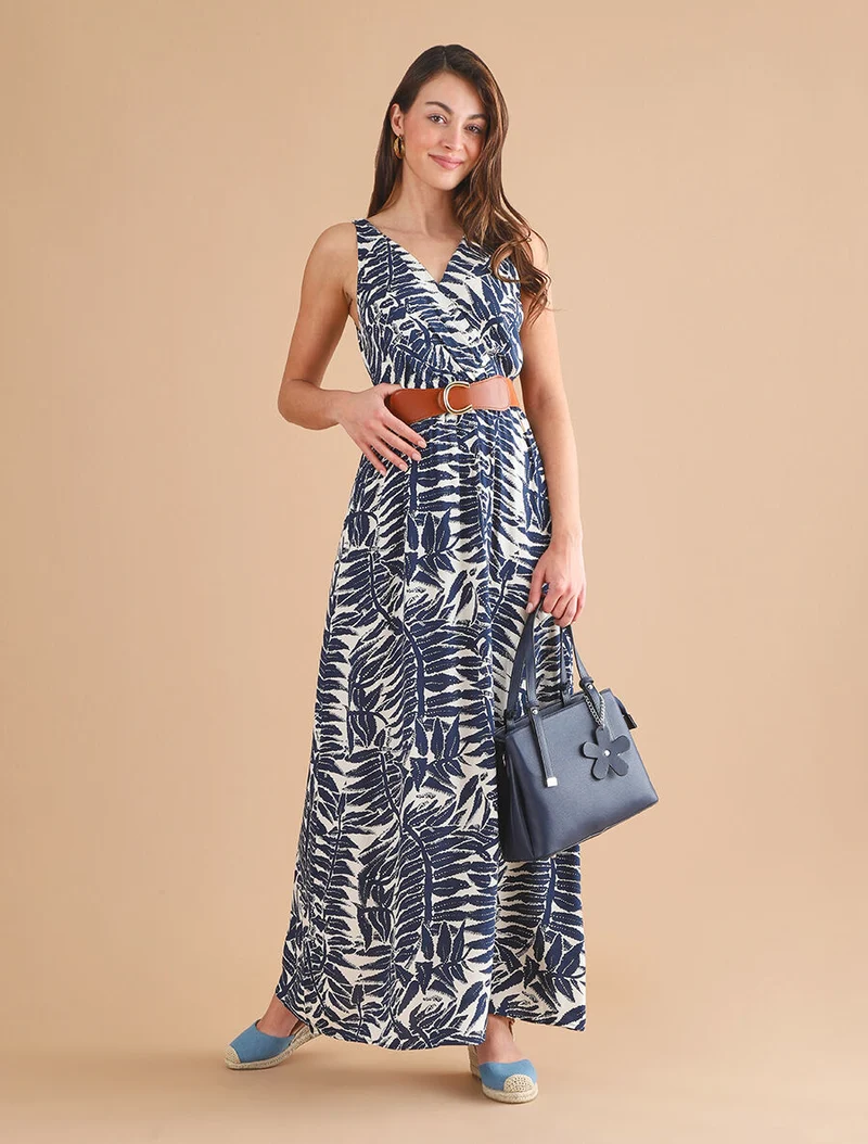 Robe longue évasée imprimé tropical - Marine