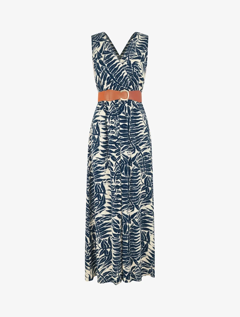 Robe longue évasée imprimé tropical - Marine