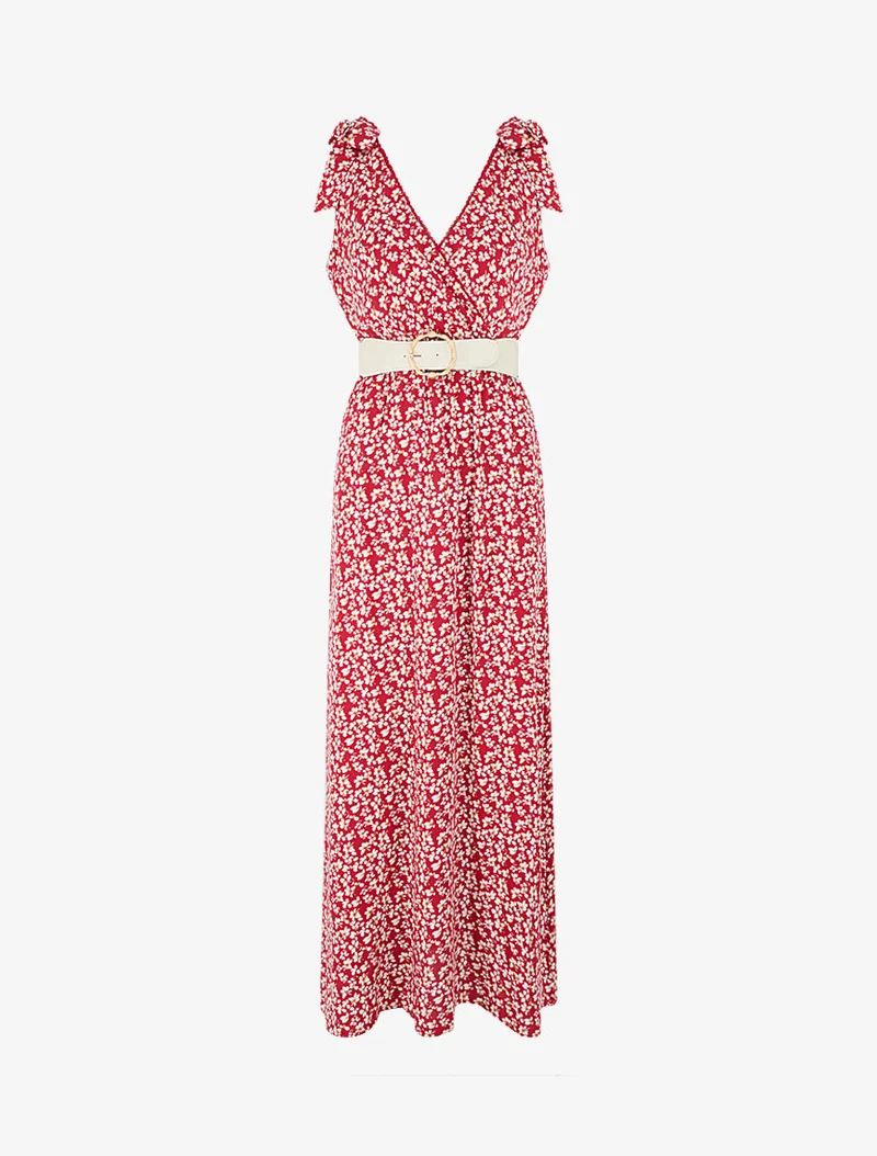 Robe imprimé fleuri à nœuds aux épaules - Rouge